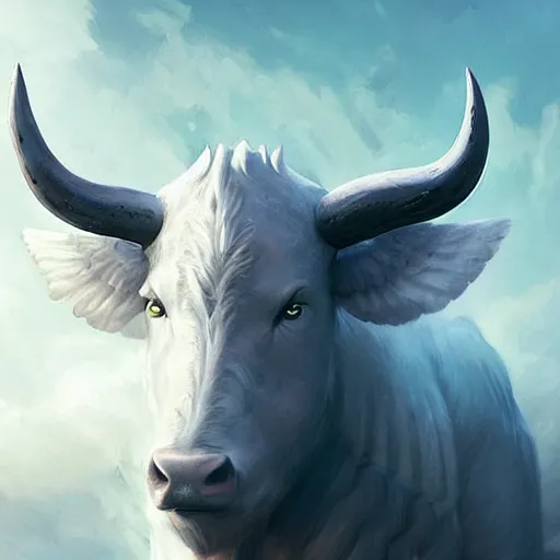 Image similar to a white bull with angelic wings, epic fantasy digital art, fantasy style art, by Greg Rutkowski, fantasy hearthstone card art style