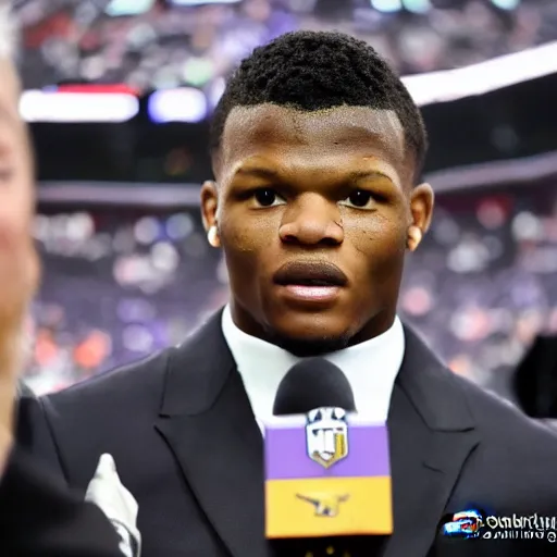 Prompt: portrait. lamar jackson baltimore ravens. lombardi trophy. sports photo. award winning photograph. lamar jackson's detailed face