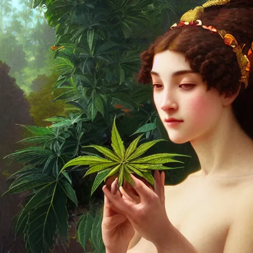 Image similar to portrait of a marijuana goddess, intricate, elegant, highly detailed, digital painting, artstation, concept art, smooth, sharp focus, illustration, art by artgerm and greg rutkowski and alphonse mucha and william - adolphe bouguereau