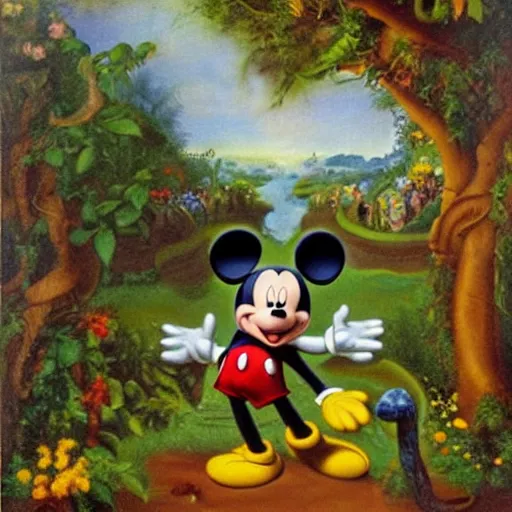 Image similar to mickey mouse entering the garden of eden, oil painting, masterpiece