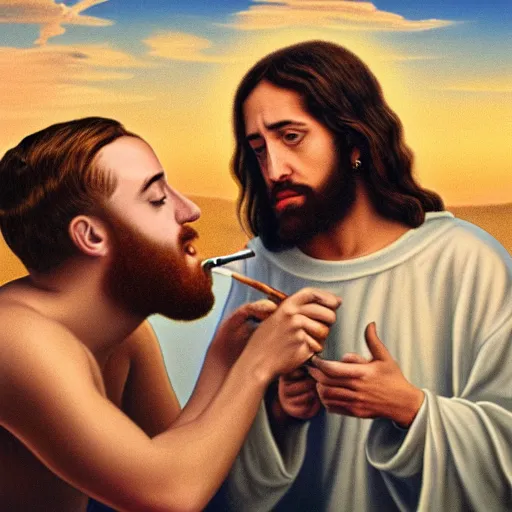 Image similar to an ultra detailed picture portrait of Mac Miller and Jesus smoking a joint in heaven, 8k, photorealistic,