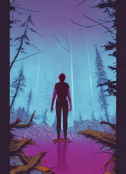 Image similar to an indie game poster of a translucent cyberpunk explorer transcending reality in the middle of a dense forest, midnight, risograph by ghostshrimp, kawase hasui, josan gonzalez, jean giraud, moebius, colourful flat surreal design, in the style of oxenfree, super detailed, a lot of tiny details