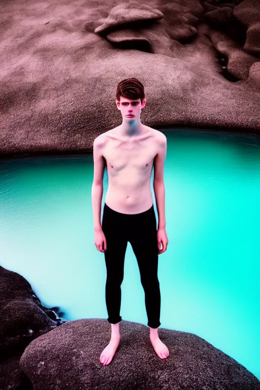 Prompt: high quality pastel coloured film mid angle docu photograph of a beautiful young 2 0 year old male, soft features, short black hair, swimming in an icelandic black rock pool environment. atmospheric. three point light. photographic. art directed. ( pastel colours ). volumetric light. clearcoat. waves glitch. 8 k. filmic.