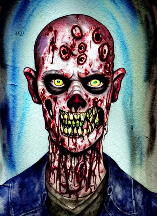 Image similar to zombie hollywood professional acting headshot, hyperrealism, intricate detailed, studio lighting, charming expression gesicht, watercolor art, drawn and painted, colored layers, dulled contrast