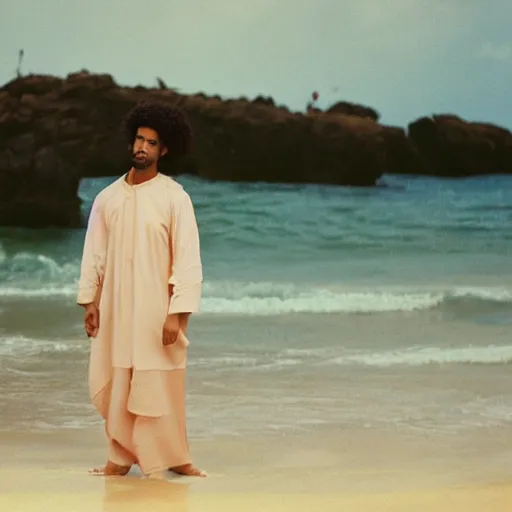 Image similar to somali male, curly hair, portrait, vintage, water, on beach, nostalgic, nature, dreamy, pastel, studio ghibli, thoughtful, wise, intricate details, shot in 1 9 8 0 s