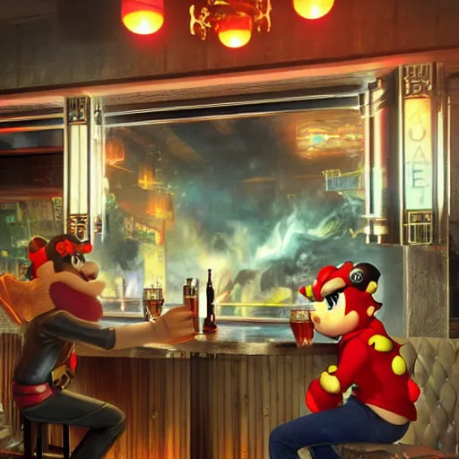 Image similar to an ultradetailed 3 d render of shadow the hedgehog and bowser sitting in a bar drinking beer, dive bar with a karaoke machine, volumetric lighting, 4 k, octane render, art by greg rutkowski and alphonse mucha and andreas rocha and albert bierstadt