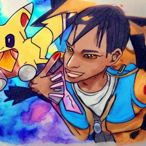 Prompt: Travis Scott as a pokemon trainer with a charizard, watercolor, trippy, colorful