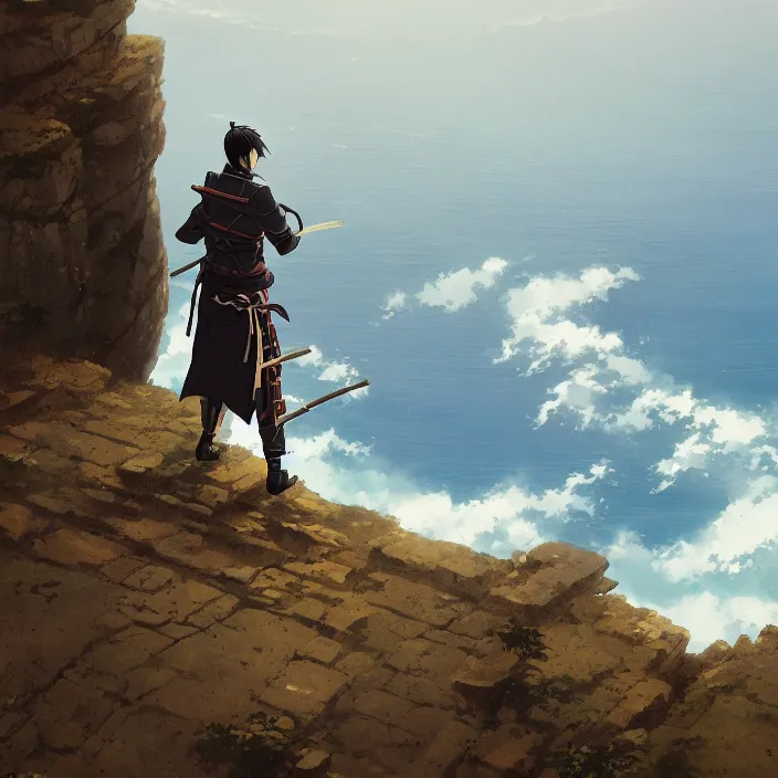 Image similar to an anime still of a ronin samurai standing on the edge of a cliff overlooking the ocean, confident looking, finely detailed features, perfect art, at an ancient castle, trending on pixiv fanbox, painted by greg rutkowski makoto shinkai takashi takeuchi studio ghibli, akihiko yoshida