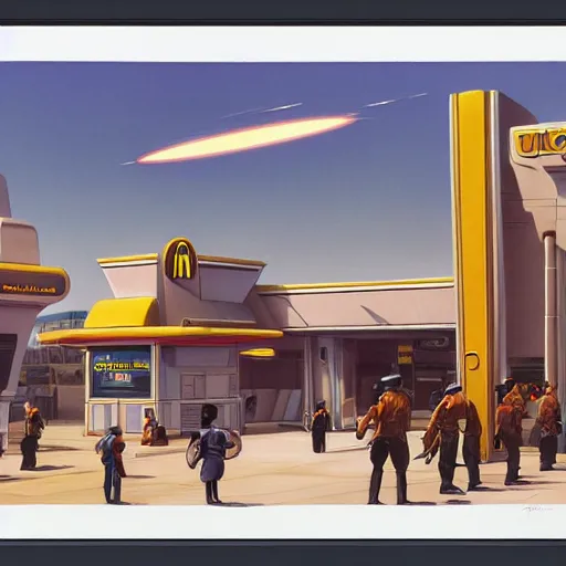 Image similar to intricately detailed ralph mcquarrie concept art of a futuristic mcdonalds with the golden arches displayed. a space station is seen off in the distance with various droids and people walking in the foreground. a trooper is seen holding a brown mcdonalds bag.