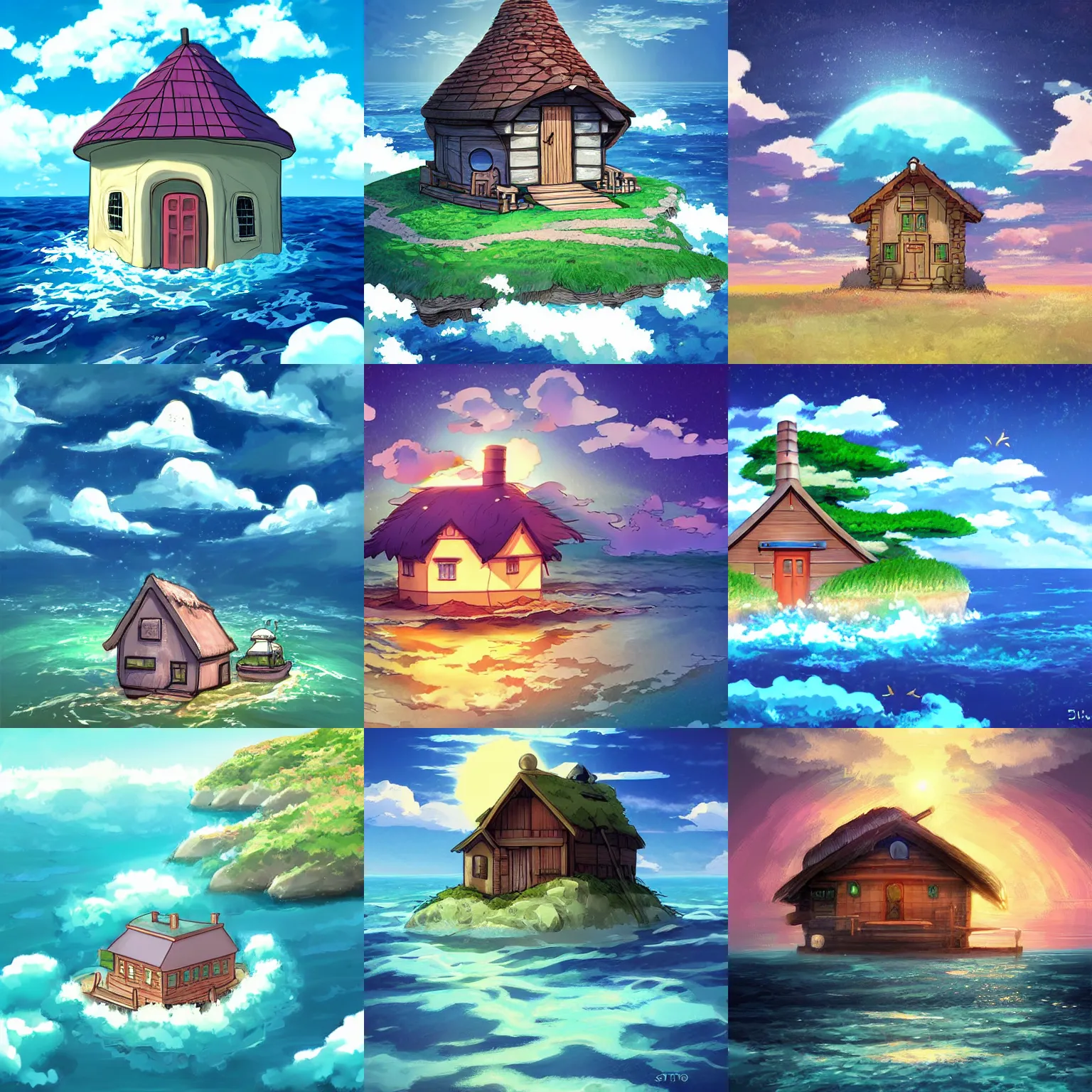 Prompt: little house in the middle of the sea, anime style, heartstone, art by studio ghibli, digital art