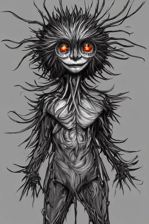 Image similar to a humanoid figure dandelion monster with large glowing eyes, highly detailed, digital art, sharp focus, trending on art station, artichoke, anime art style