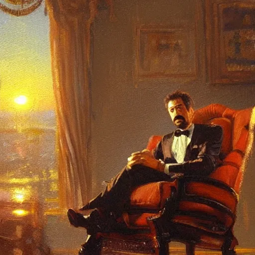 Prompt: detailed oil painting of tony stark sitting in an armchair in a room with the setting sun, by thomas kinkade, rembrandt, golden hour