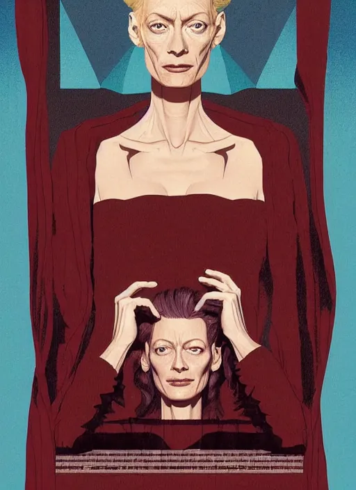 Image similar to Twin Peaks poster artwork by Michael Whelan, Bob Larkin and Tomer Hanuka, Karol Bak of portrait of radio host Tilda Swinton!!!!!!!!!! lounging in her radio sound booth, alone, late at night, from scene from Twin Peaks, simple illustration, domestic, nostalgic, from scene from Twin Peaks, clean, cover of New Yorker magazine