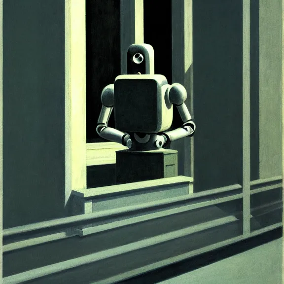 Image similar to illustration of a robot on white background by Edward Hopper, clean lines, close up