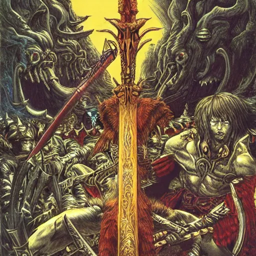 Image similar to arnold swarchenegger with giant sword fights ugly demon, dark fantasy art by kentaro miura, gustave dore, jean giraud, philippe druillet