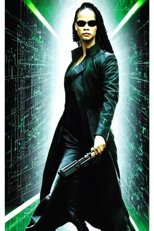 Prompt: a movie poster portrait taken from the matrix movie featuring ( misty copeland ) with long black braids, wearing futuristic sun glasses and black leather trench coat, holding a futuristic gun, green matrix computer code and light beams flash in the background, no text, extremely detailed, extremely symmetrical facial features, by kevin fiege 8 k