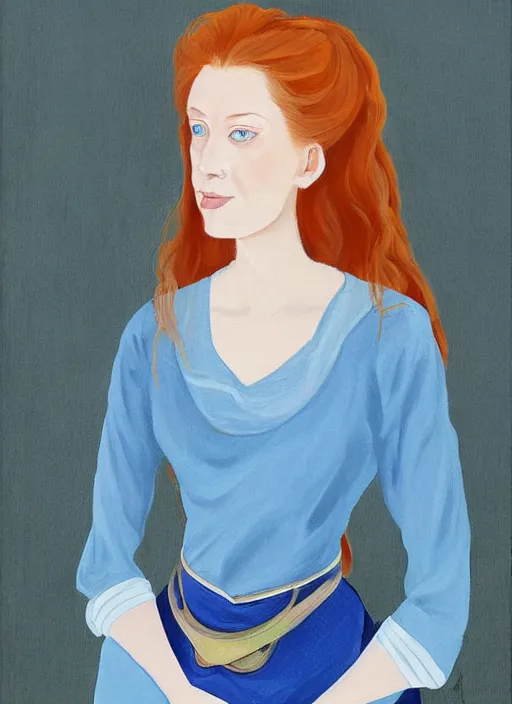 Prompt: a portrait of a young woman with ginger hair and light blue eyes wearing a traditional silk dress with very long sleeves. she looks at the viewer with a curious, witty expression. beautiful painting of shallan davar by jia ruan.