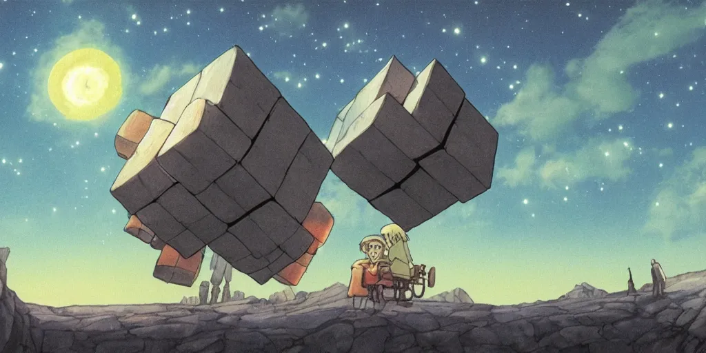 Prompt: a realistic cell - shaded concept art from howl's moving castle ( 2 0 0 4 ) of a huge floating cube from close encounters of the third kind ( 1 9 7 7 ). it is a misty starry night. a mammoth is in the background. very dull colors, hd, 4 k, hq