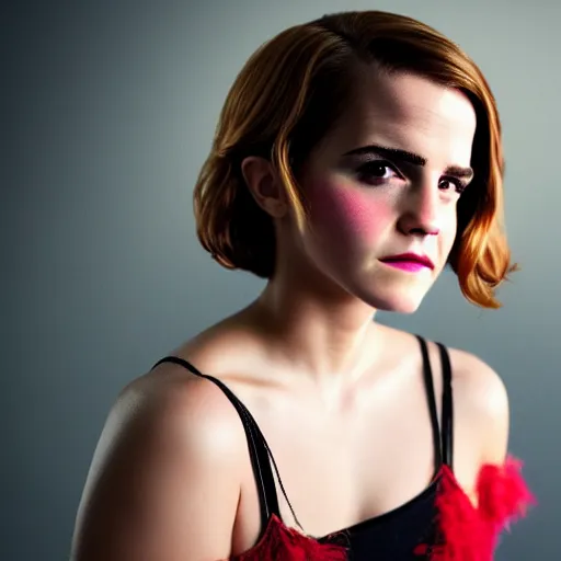 Image similar to Yor Forger cosplay by Emma Watson, seductive gaze, 8k, professional photography, cinematic studio shot, dark, smoke