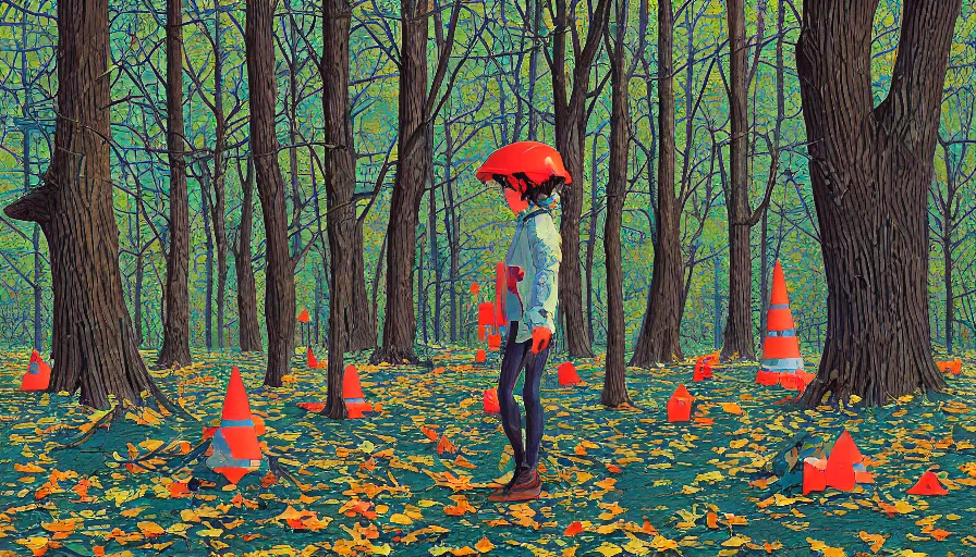 Image similar to safety cones scattered around an oak tree forest, by james jean by ilya kuvshinov kintsugi, hyper detailed surrealist painting