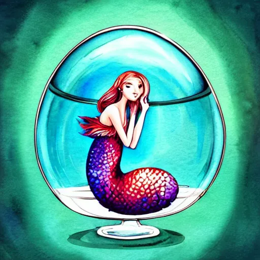 Image similar to watercolor marker drawing of a mermaid sitting in a fish bowl, a storybook illustration by cyril rolando, featured on pixiv, pop surrealism, fisheye lens, anime