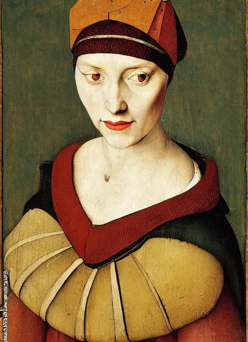 Image similar to portrait of young woman in renaissance dress and renaissance headdress, art by pieter bruegel the elder