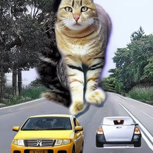 Image similar to giant cat in traffic, ultra realistic, very realistic