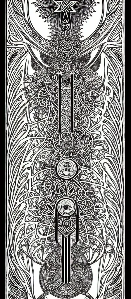 Prompt: a beautiful fractal tarot card featuring bold occult imagery with clean lines. skullpunk. haeckel. detailed adult coloring book