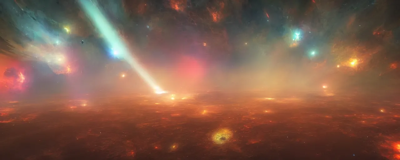 Image similar to warm colours, cinematic render of atmospheric deep space, glowing epicentre, volumetric lighting, cathrin machin