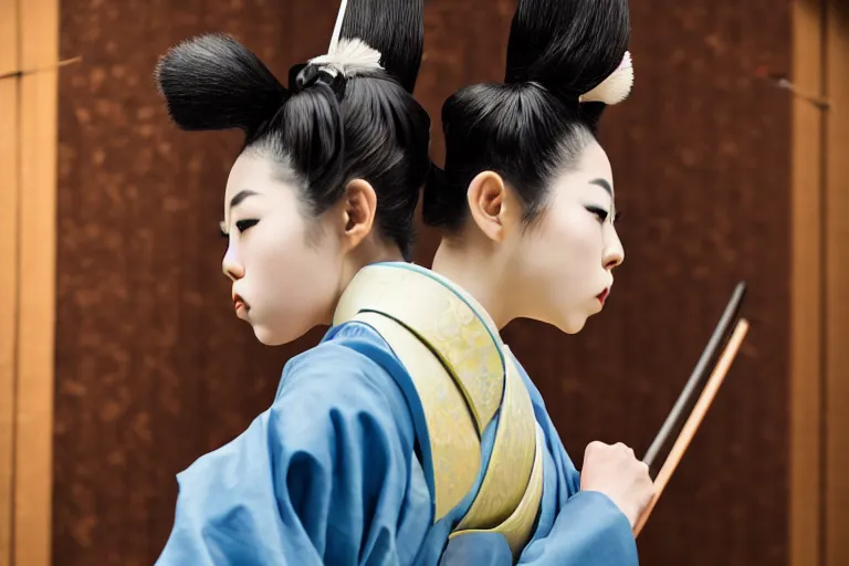 Image similar to beautiful photo of a young modern geisha samurai practising the sword in a traditional japanese temple, mid action swing, symmetrical face, beautiful eyes, huge oversized sword, award winning photo, muted pastels, action photography, 1 / 1 2 5 shutter speed, dramatic lighting, anime art style