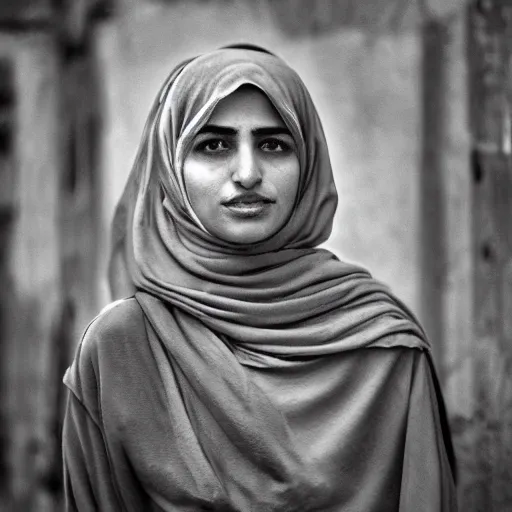 Image similar to a character portrait photo of an iranian woman, wide shot, hopeful, photojournalism, war photography, adobe, canon, nikon, flickr contest winner, neo-expressionism, art photography, industrial background, hyperrealism, chiaroscuro, anamorphic lens flare, elegant, shallow depth of field, haze, volumetric lighting, photo taken with provia, 24mm, f1.8, by Filip Hodas, by Andrew Domachowski