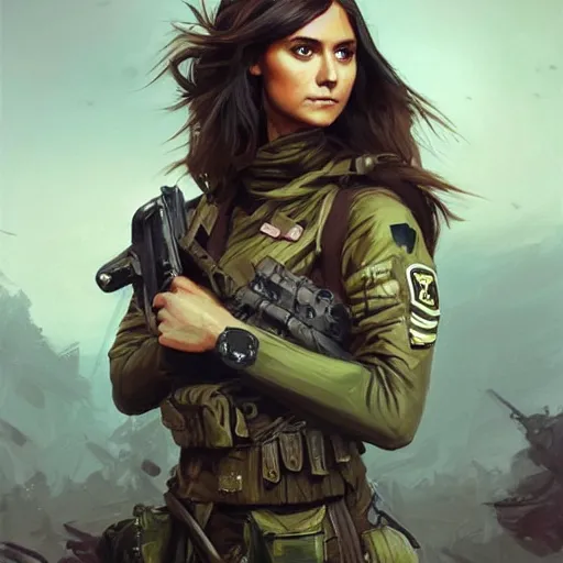 Image similar to portrait of nina dobrev as an army soldier, looking at camera, d & d, intricate, elegant, stylish, fierce look, fantasy, extremely detailed, digital painting, artstation, concept art, smooth, sharp focus, illustration, stunning lighting, art by artgerm and greg rutkowski and alphonse mucha and simon stalenhag.