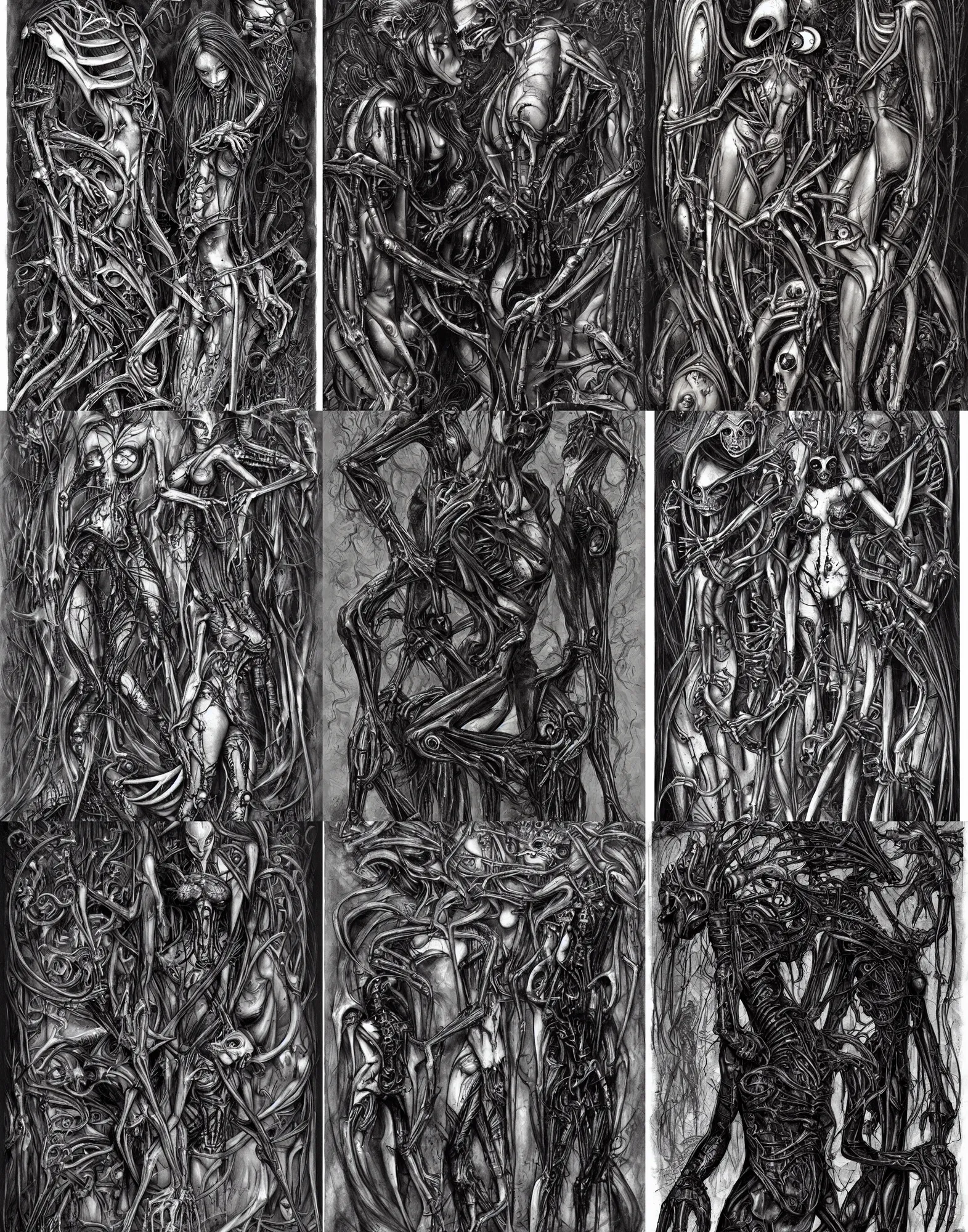 Prompt: a dark, necrofetishist style, featuring female forms embedded in a surrounding biomechanoid context art style by h. r giger