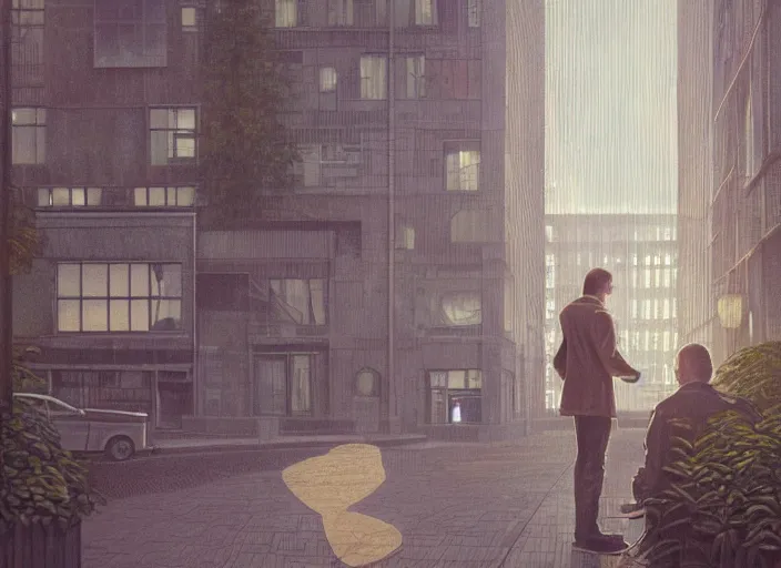 Prompt: portrait of man outside office building with ghost, cynical realism, painterly, yoshitaka amano, miles johnston, moebius, beautiful lighting, miles johnston, klimt, tendrils, in the style of, louise zhang, victor charreton, james jean, two figures, terrence malick screenshots, ghibli screenshot