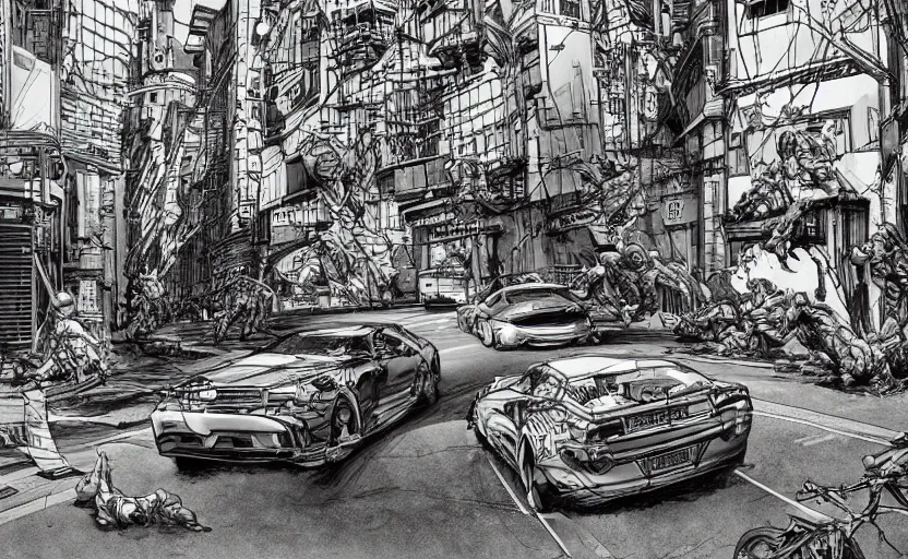 Prompt: action shots of two cars in a high speed car chase through a narrow streets with buildings either side of the road illustrated by jung gi kim, katsuya terada, jean - david morvan. extremely detailed illustration, action shots, striking perspective