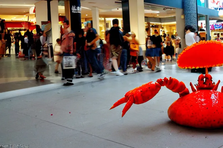 Image similar to a cosplayer cosplaying as a cute crab, in 2 0 0 2, at a mall, street style, royalcore, low - light photograph, photography by tyler mitchell