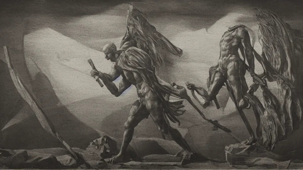 Prompt: a medieval chiaroscuro lithograph of a colossal sculpture by kurt seligmann and edward steichen and hiroshi sugimoto, an enemy's treasure, candy out of a fog