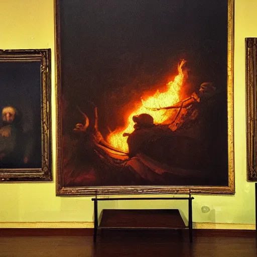 Prompt: pepe the frog in hell. painting, realistic, panorama, rembrandt, dark, fire, sharp focus, radiant light