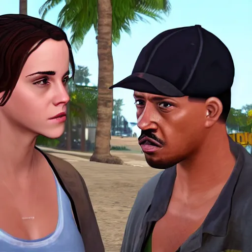 Image similar to emma watson kissing with carl johnson from gta san andreas in cinematic 4k