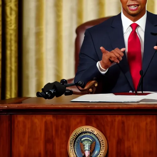 Image similar to tiger woods giving the state of the union address as president of the united states of america. ultra realistic. 4 k.