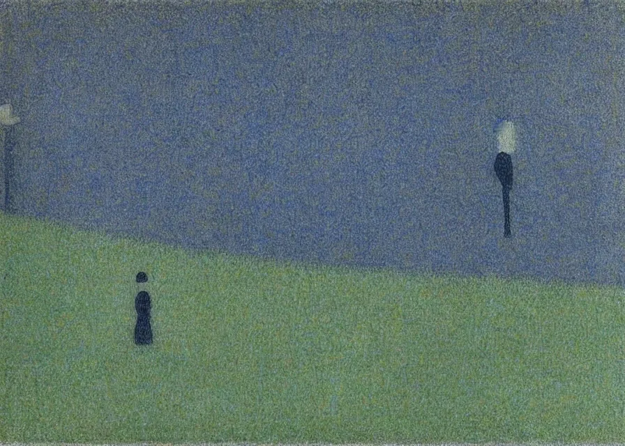 Image similar to white sheet ghost standing in an empty field, by georges seurat