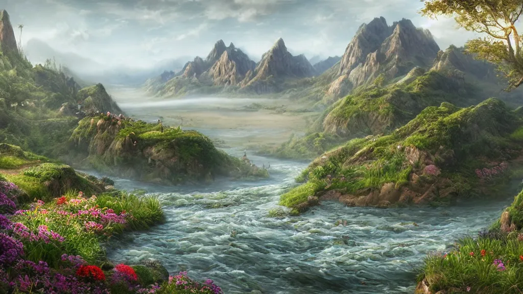 Image similar to Beautiful hyperrealistic detailed matte painting of a Landscape with a wide river in the middle of a meadow full of colorful flowers on the lost Vibes and mountains in the background, at the center there's a giant medieval fantasy portal gate with a rusty gold carved lion face at the center of it that takes you to another world, spring, delicate fog, sea breeze rises in the air, by andreas rocha and john howe, and Martin Johnson Heade, featured on artstation, featured on behance, golden ratio, ultrawide angle, well composed