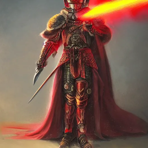 Image similar to anthropomorphic shiba inu, berserk anime guts armor and sword, red light aura, fantasy, red light, dark, portrait art by donato giancola and greg rutkowski, realistic face, visible holy red aura, digital art, trending on artstation, symmetry