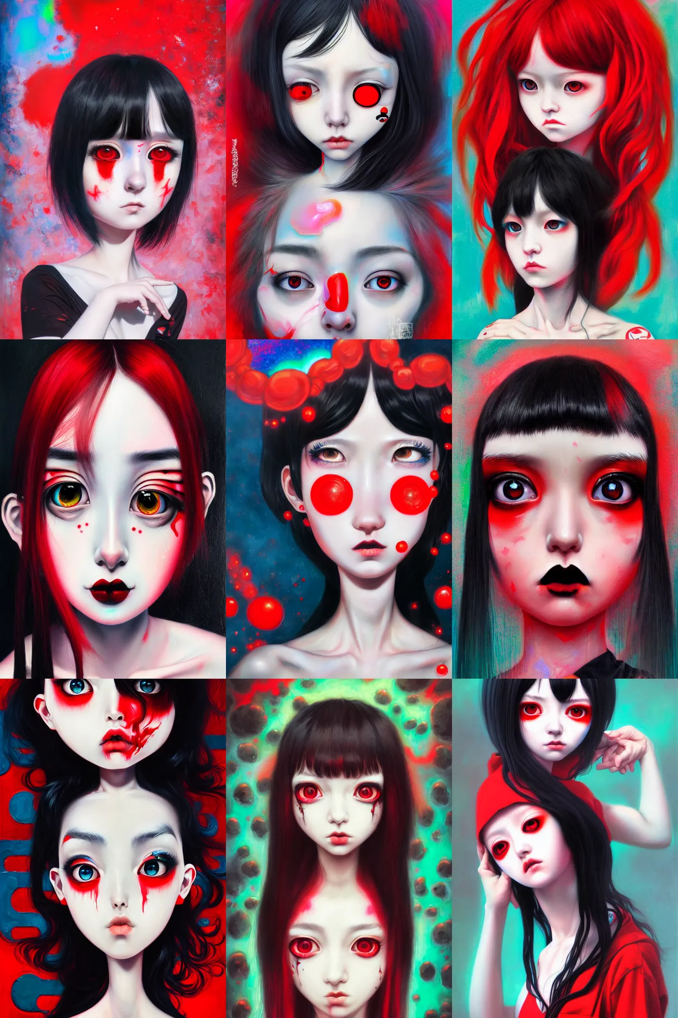 Prompt: a woman with red eyes and black hair, oil canvas art style by hikari shimoda, featured on cgsociety, pop surrealism, daz 3 d, anaglyph effect, iridescent, masterpiece