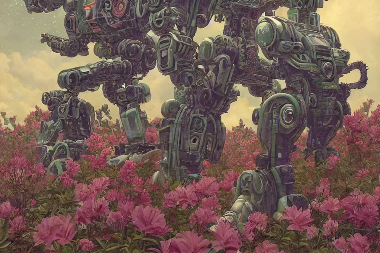 Image similar to evangelionic illustration, gigantic girl head, a lot of exotic vegetation, trees, tremendous mecha robot, flowers, oldschool vintage sci - fi flat surreal design, super - detailed, oil painting by moebius, hd, 4 k, high quality