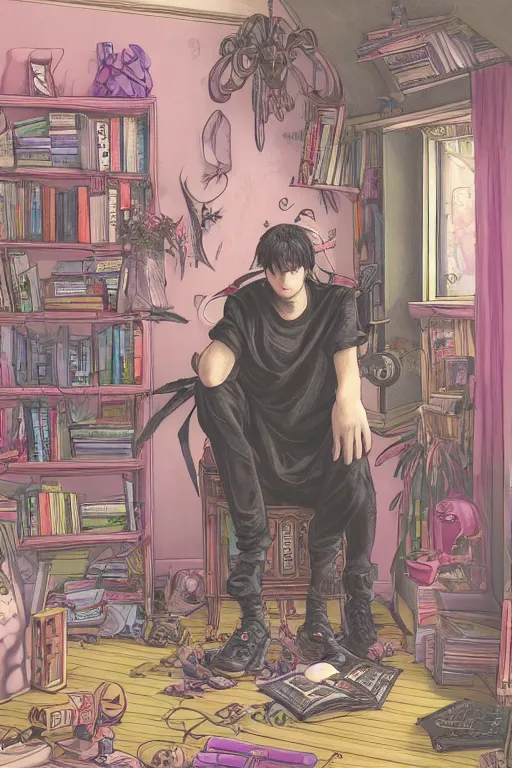 Image similar to goth guy sitting on the floor of a cluttered 9 0 s bedroom reading a book by sophie anderson, vaporwave colors, lo - fi, concept art, smooth, detailed, toon shading, cel shading, animation, 4 k, hd,