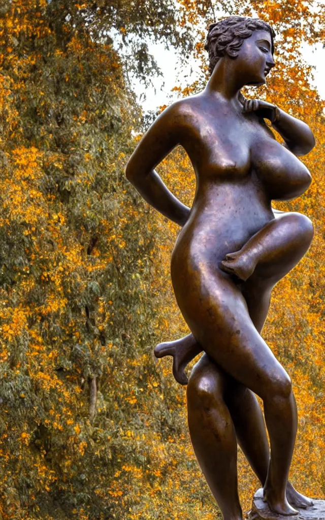 Image similar to detailed photo of old bronze patina statue of seductive curvy girl, super highly detailed, full body view, various poses, au blurry distant background with garden of ancient castel, photorealism, intricate detail, museum diffuse lighting, autumn sunlights