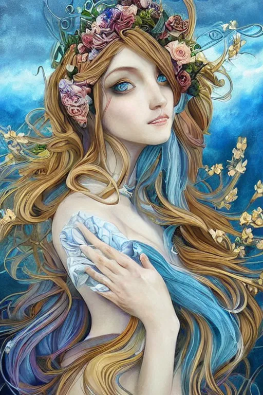 Prompt: breathtaking detailed painting by pilyeon and teffish on instagram, a full shot queen with long flowing bright blue hair, gauze dress and pastel flowers petals and golden tumultuous clouds, symmetrical facial features, at dawn in front of a pristine golden art nouveau cathedral, elegant, highly detailed, artstation, concept art, matte, sharp focus,