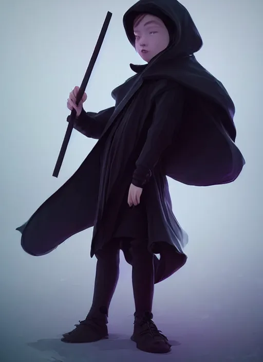 Image similar to kid wearing black cloak holding stick - 3 d vfx art - of the sun, art style by james jean & hsiao - ron cheng, character concept art, unreal engine render, digital illustration, sharp, intricate detail, volumetric light, ray tracing, soft light, symmetric, pinterest, artstation, behance,