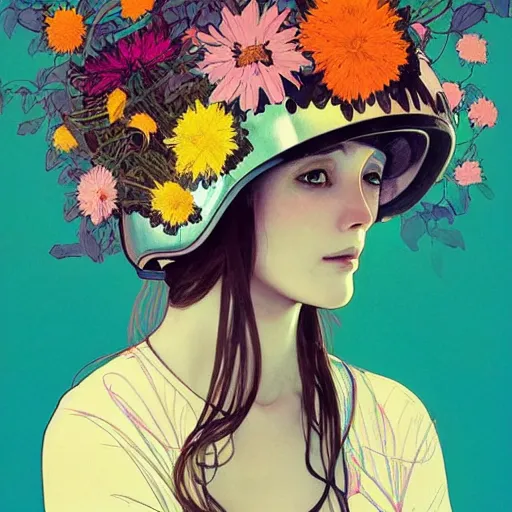 Image similar to a beautiful painting of a girl in a field of flowers with a helmet by andy warhol and conrad roset and alphonse mucha and nekro and greg rutkowski. colorful comic, film noirs, symmetry, sharp lines, hyper detailed. octane render. trending on artstation